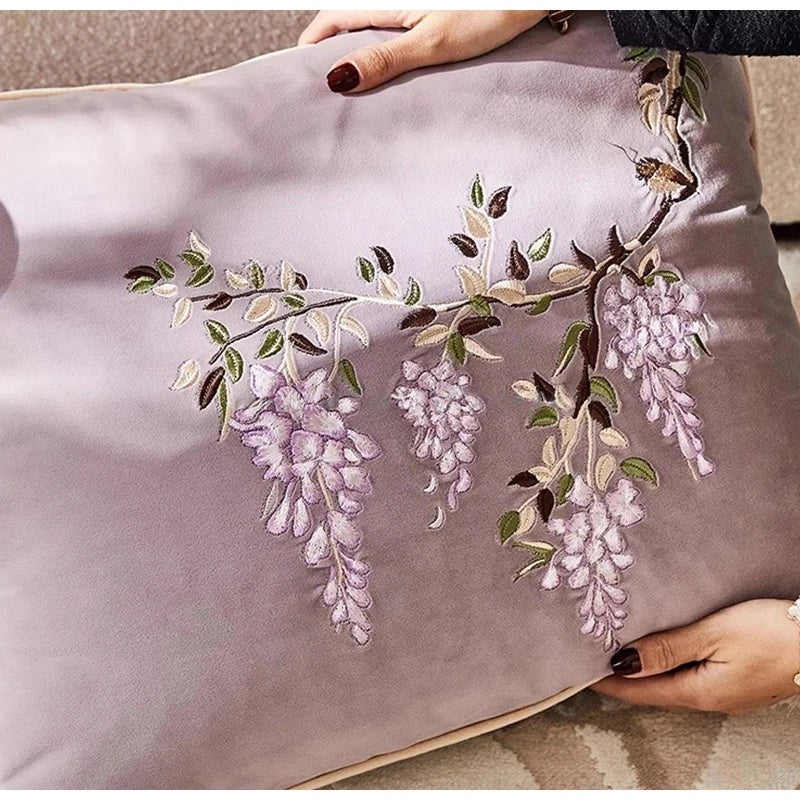Botanical Vintage Wisteria Embroidery Pillow Case With Tassel