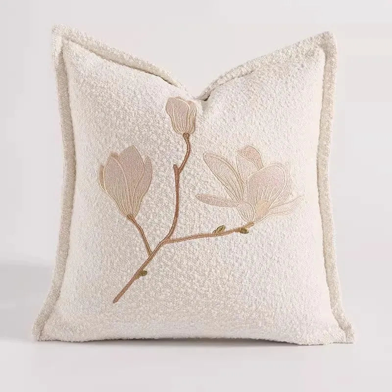 White Magnolia Floral Embroidery Throw Pillow Case