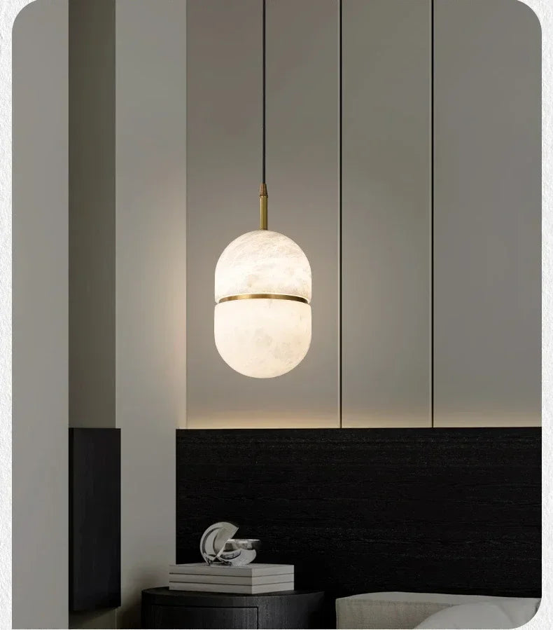 Ellipse Alabaster Pendant Light with Gold Accent Ring