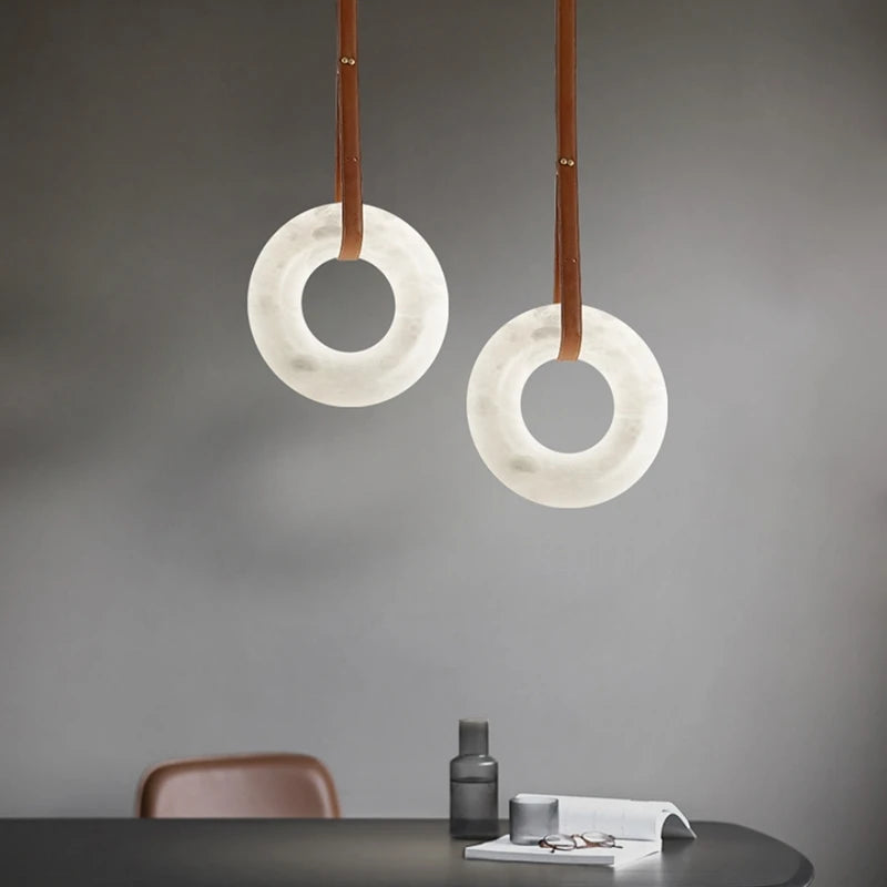 Minimalist Alabaster Ring Pendant Light with Leather Suspension