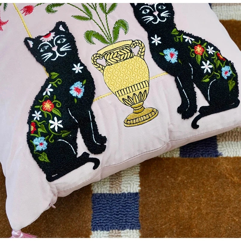 Pink Retro Black Cats Embroidered Throw Pillow Case With Tassels