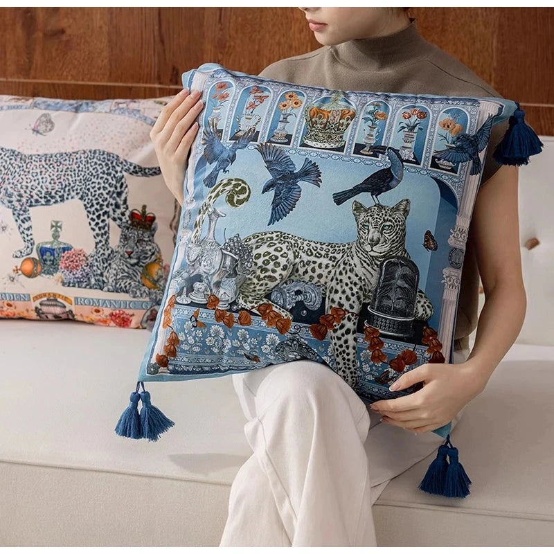 Majestic Leopard Decorative Cushion Cover Luxury Tassel Throw Pillow Case