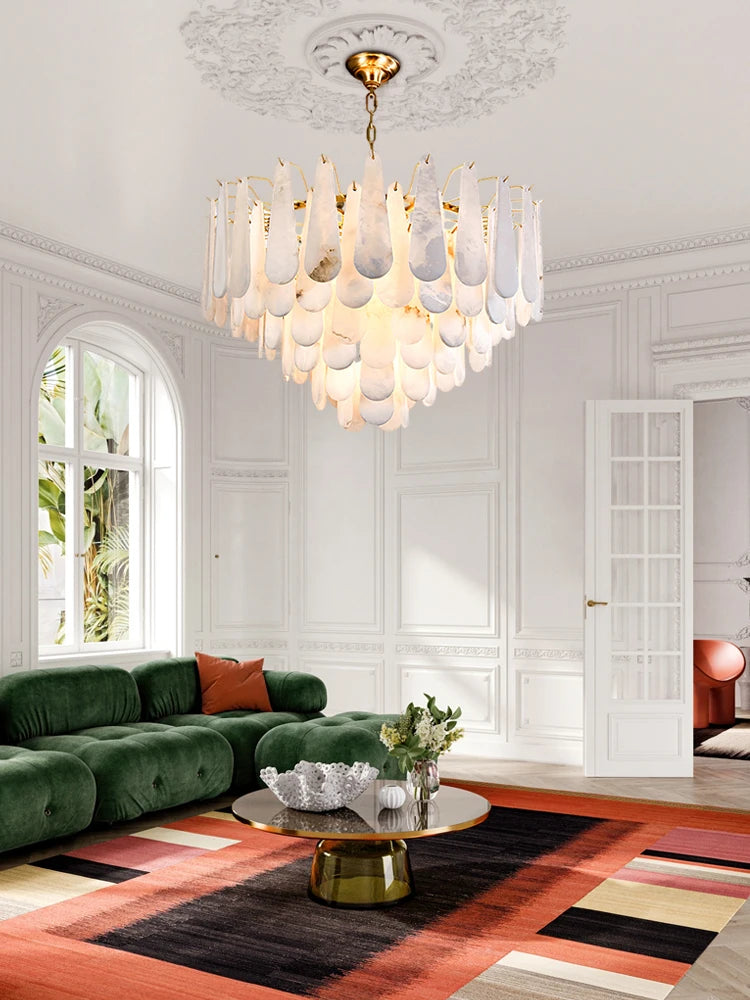 Grand Tiered Alabaster Feather Chandelier, Round