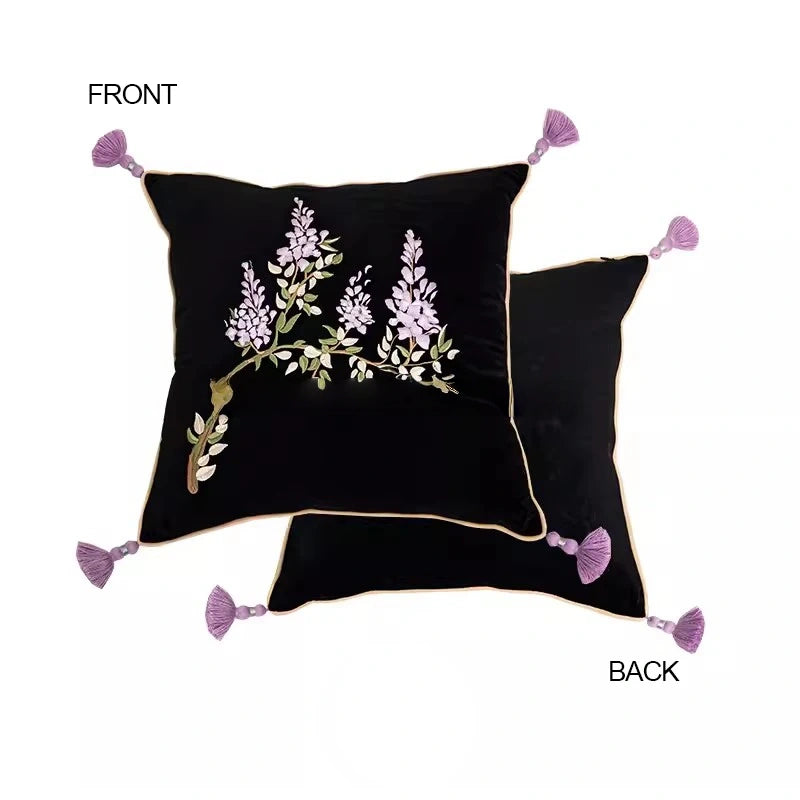 Botanical Vintage Wisteria Embroidery Pillow Case With Tassel