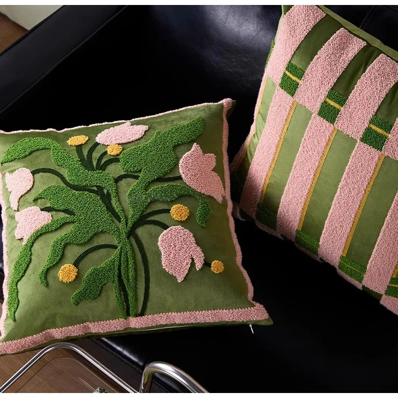 Spring Floral Tulip Tufted Throw Pillow Case