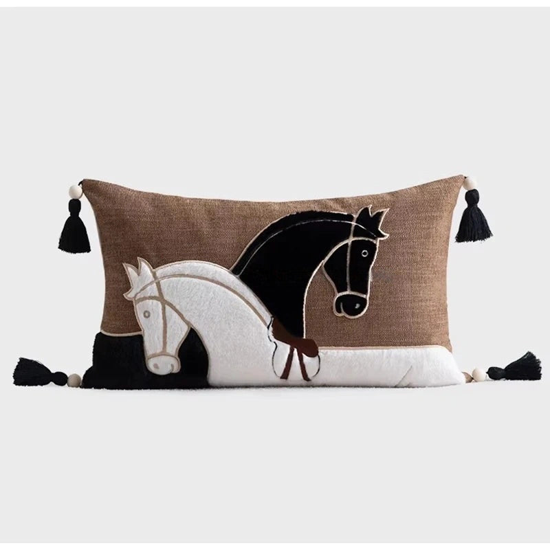 Horse Silhouette Appliqued Embroidery Pillow Case