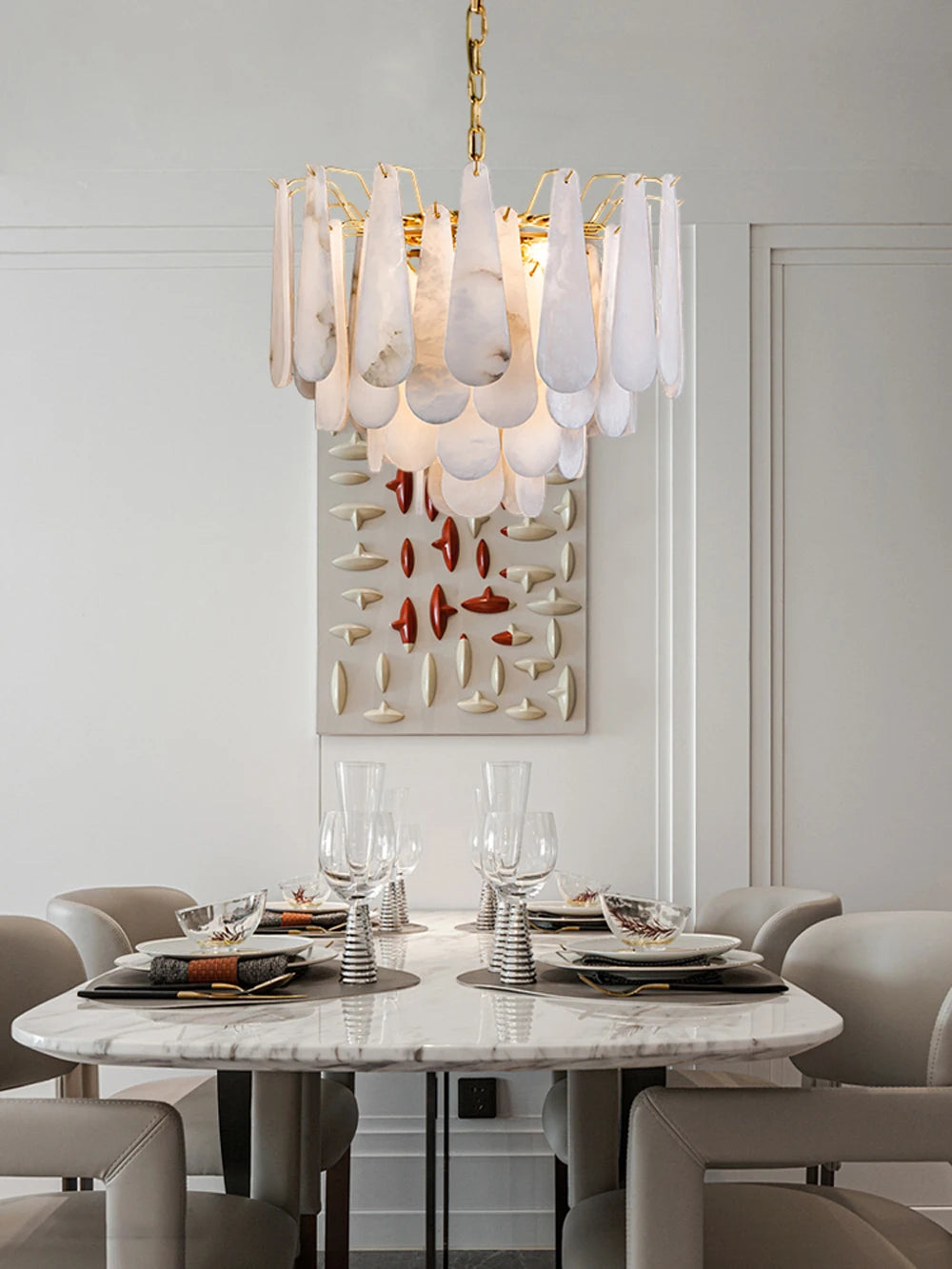 Grand Tiered Alabaster Feather Chandelier, Round