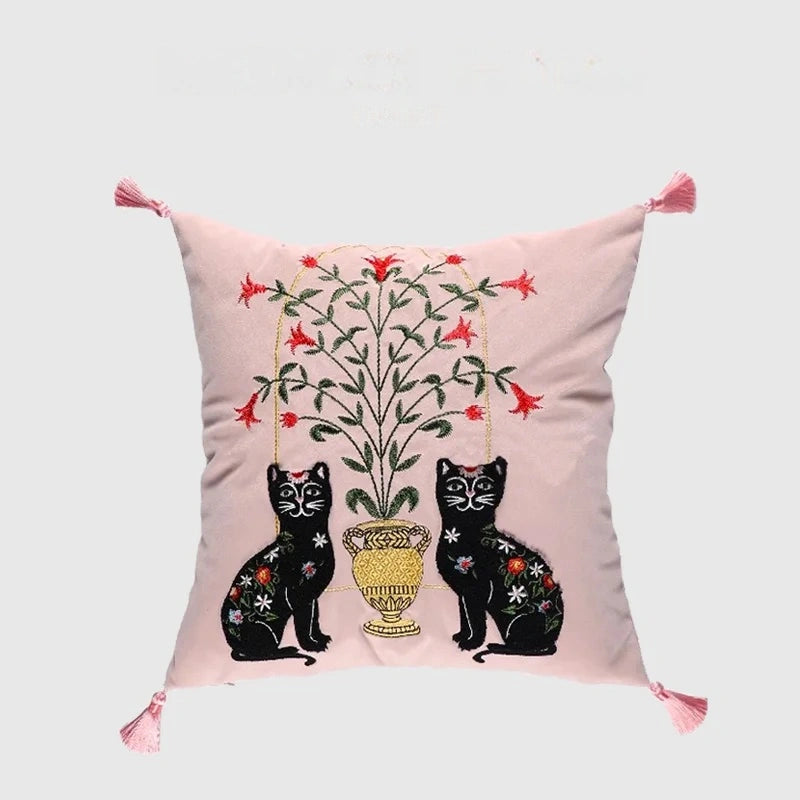 Pink Retro Black Cats Embroidered Throw Pillow Case With Tassels