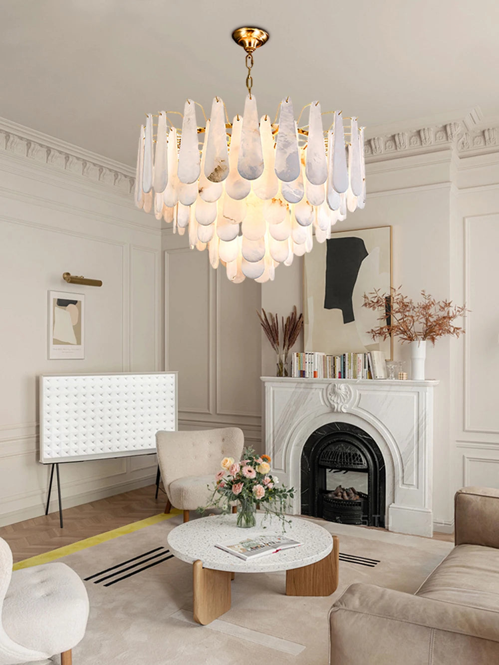 Grand Tiered Alabaster Feather Chandelier, Round
