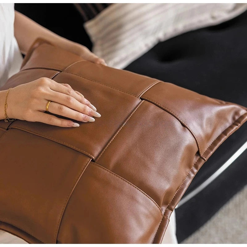 Modern Woven Faux Leather Cushion Cover