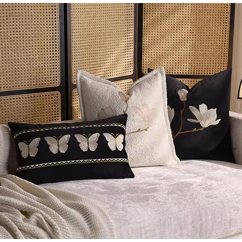 White Magnolia Floral Embroidery Throw Pillow Case