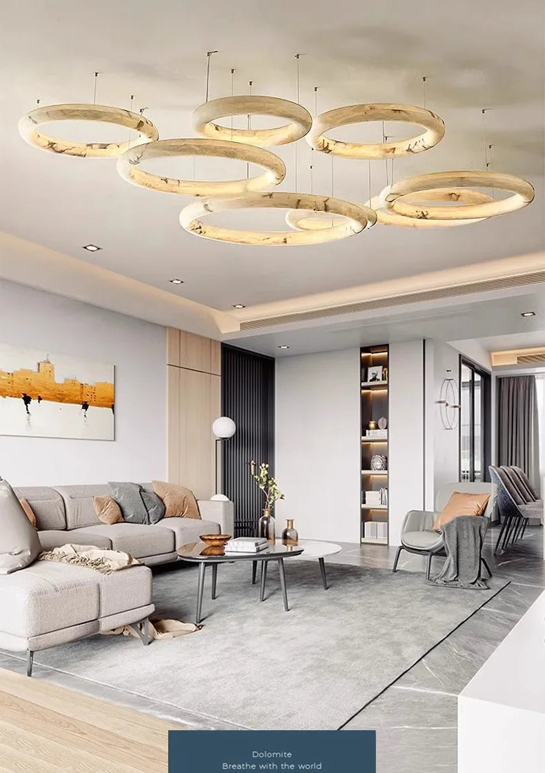 Minimalist Alabaster Ring Pendant Light with Leather Suspension
