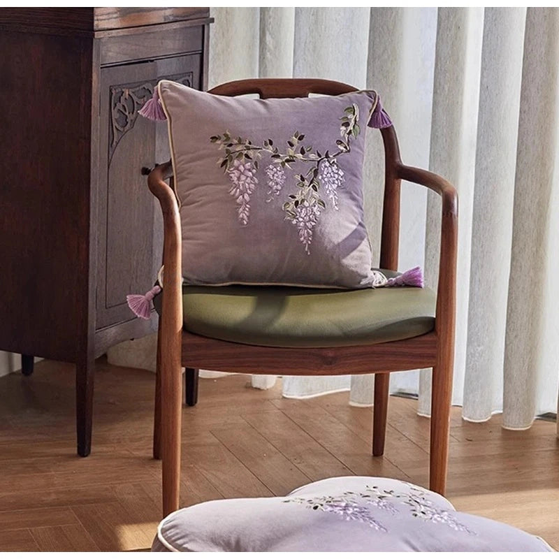 Botanical Vintage Wisteria Embroidery Pillow Case With Tassel