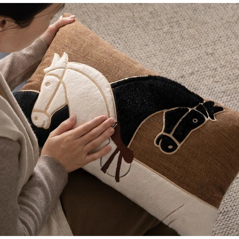 Horse Silhouette Appliqued Embroidery Pillow Case