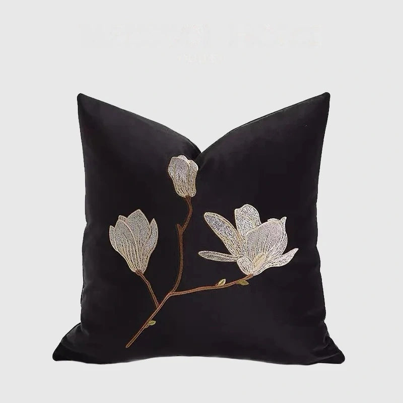 White Magnolia Floral Embroidery Throw Pillow Case