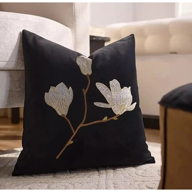 White Magnolia Floral Embroidery Throw Pillow Case