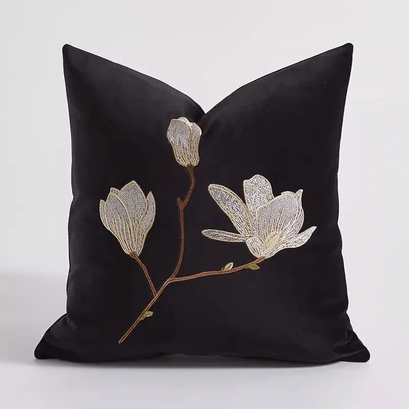 White Magnolia Floral Embroidery Throw Pillow Case