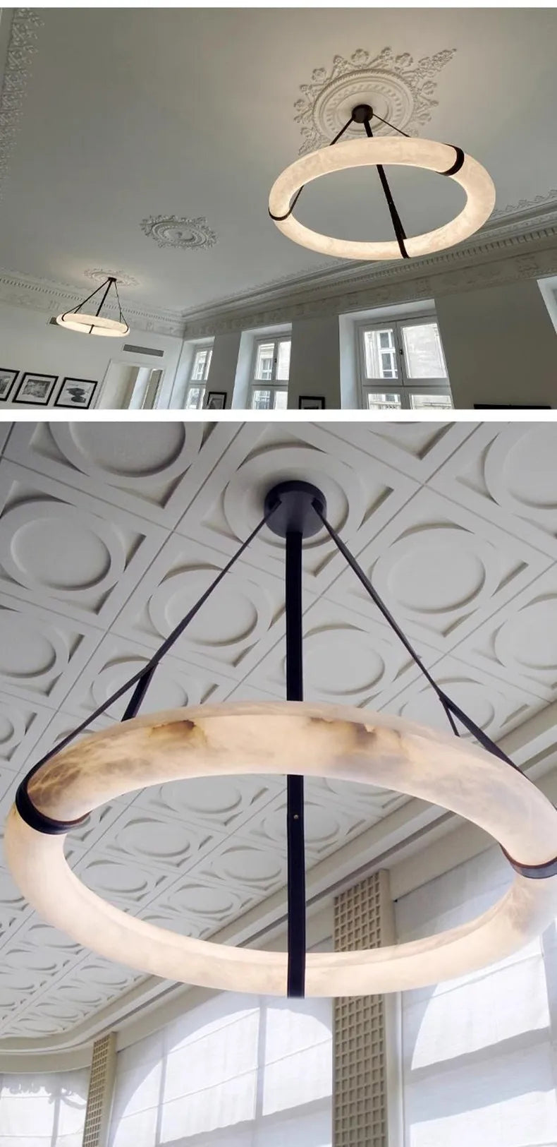 Minimalist Alabaster Ring Pendant Light with Leather Suspension