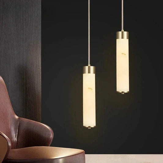 Luxury Alabaster Tube Pendant Light with Copper for Bedside