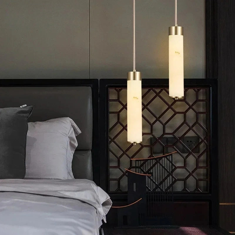 Luxury Alabaster Tube Pendant Light with Copper for Bedside