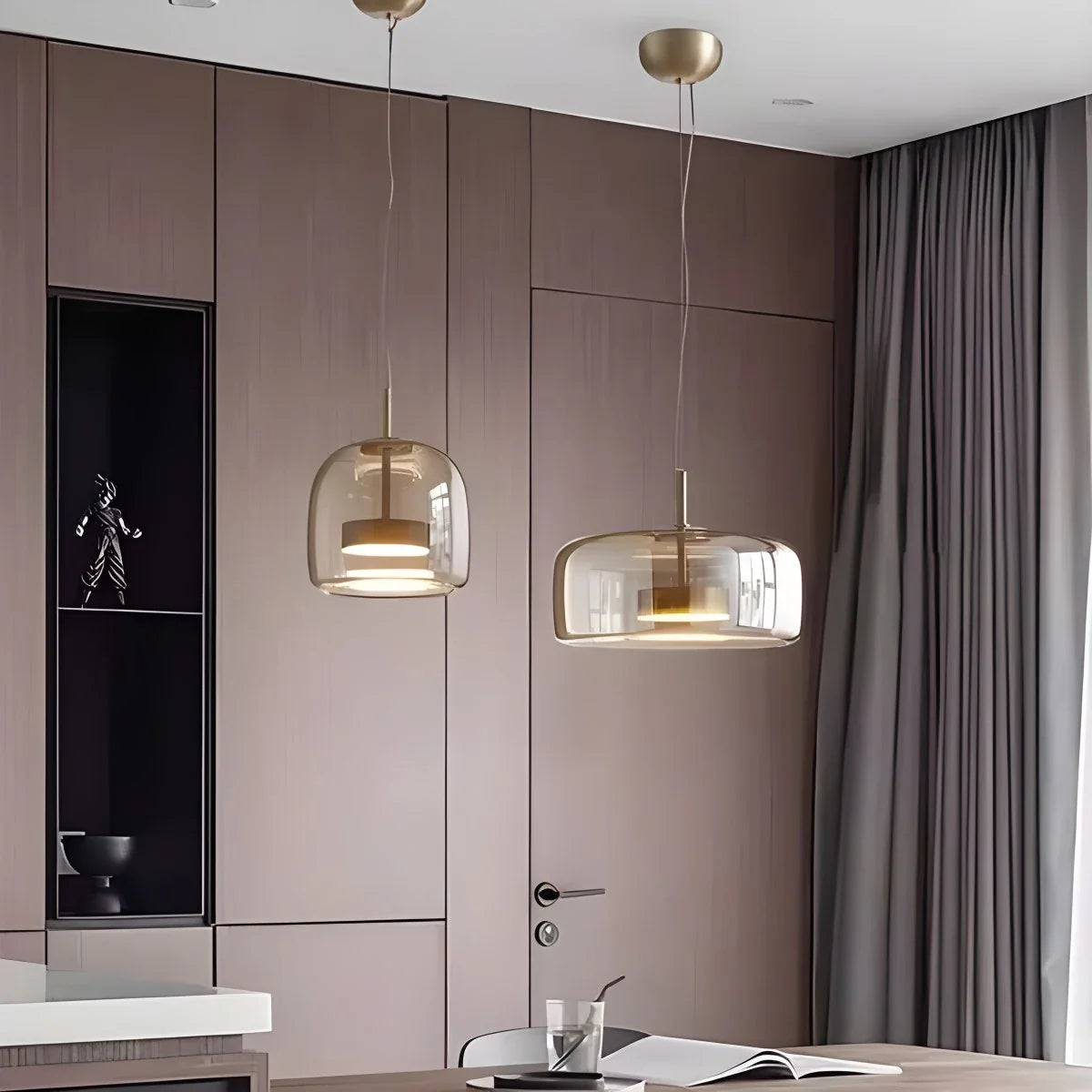 Nordic Designer Amber Glass LED Pendant light for Kitchen, Dimmable