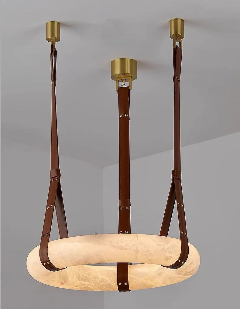 Minimalist Alabaster Ring Pendant Light with Leather Suspension