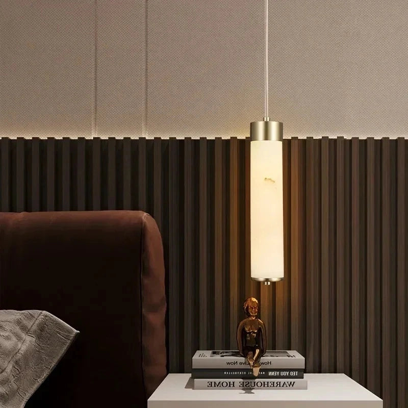 Luxury Alabaster Tube Pendant Light with Copper for Bedside