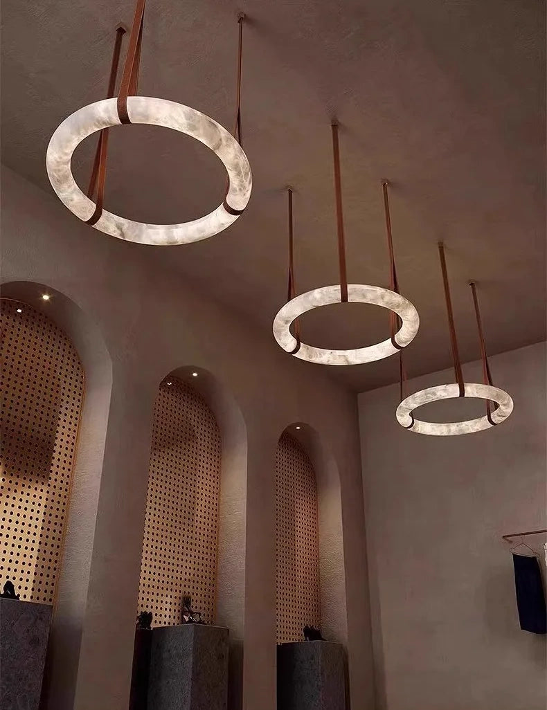 Minimalist Alabaster Ring Pendant Light with Leather Suspension