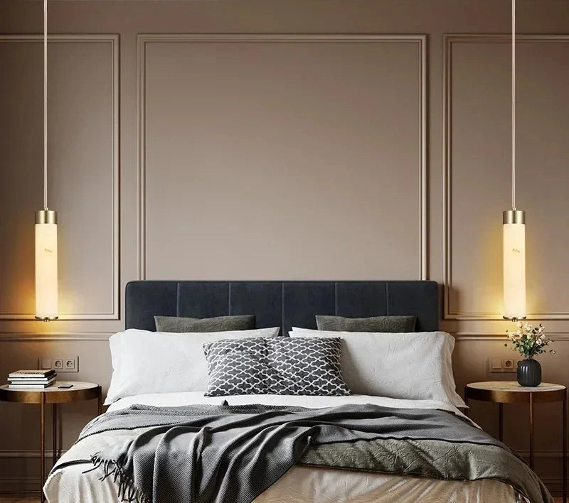 Luxury Alabaster Tube Pendant Light with Copper for Bedside