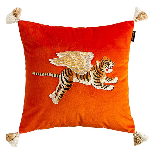 Fly Tiger Embroidery Velvet Pillow Case, 18X18 Inch