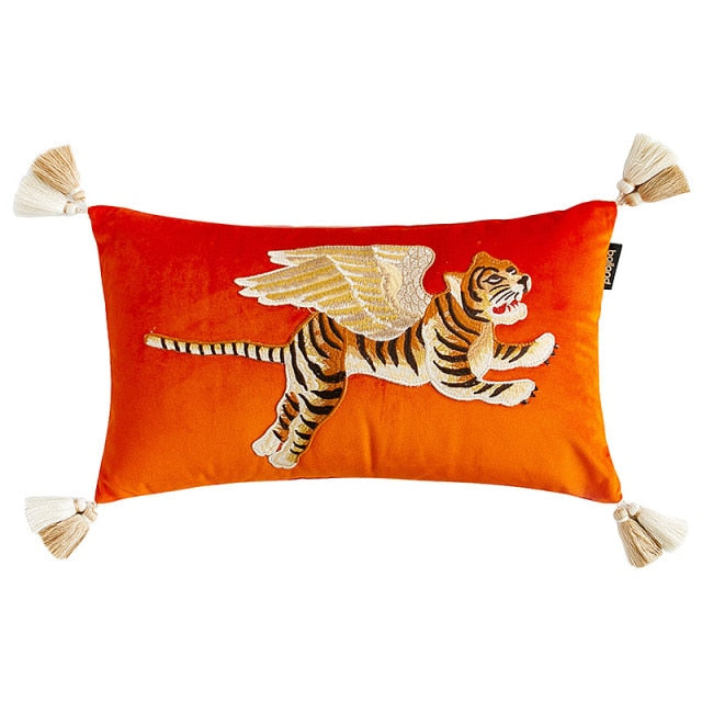 Fly Tiger Embroidery Velvet Pillow Case, 18X18 Inch
