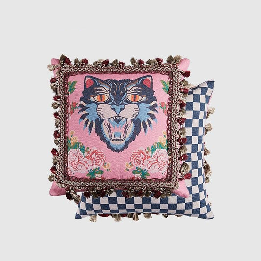 2021 GG Style Angry Cat Throw Pillow Case and Garland of Flowers
