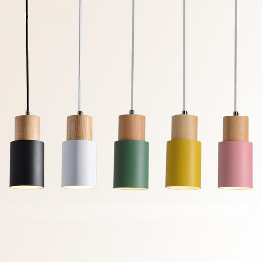 Wood Macaron Cylinder Pendant Light