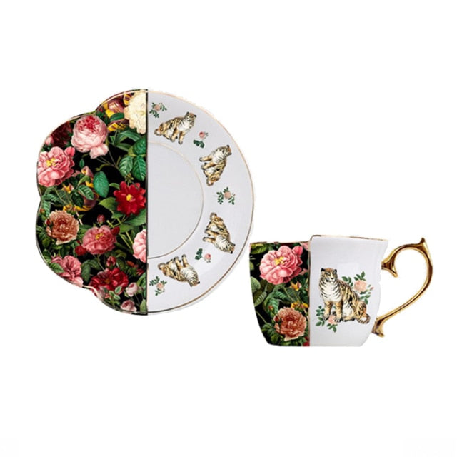 Retro Rose and Tiger Ceramic Teacups Set