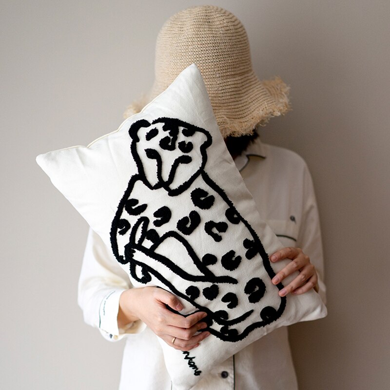 Black White Abstract Leopard Pillow Case, Embroidered