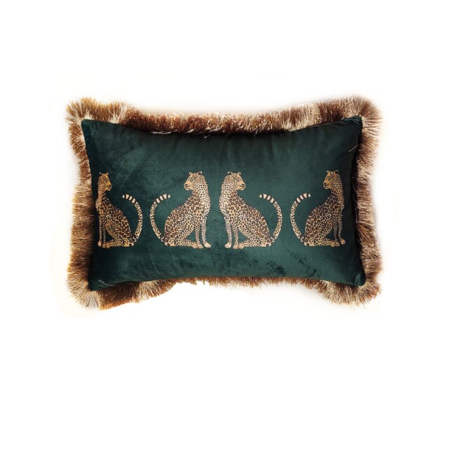 Kissenbezug mit Fransen und Leopardenmuster, Dunkelgrün – GabyBerg Design
