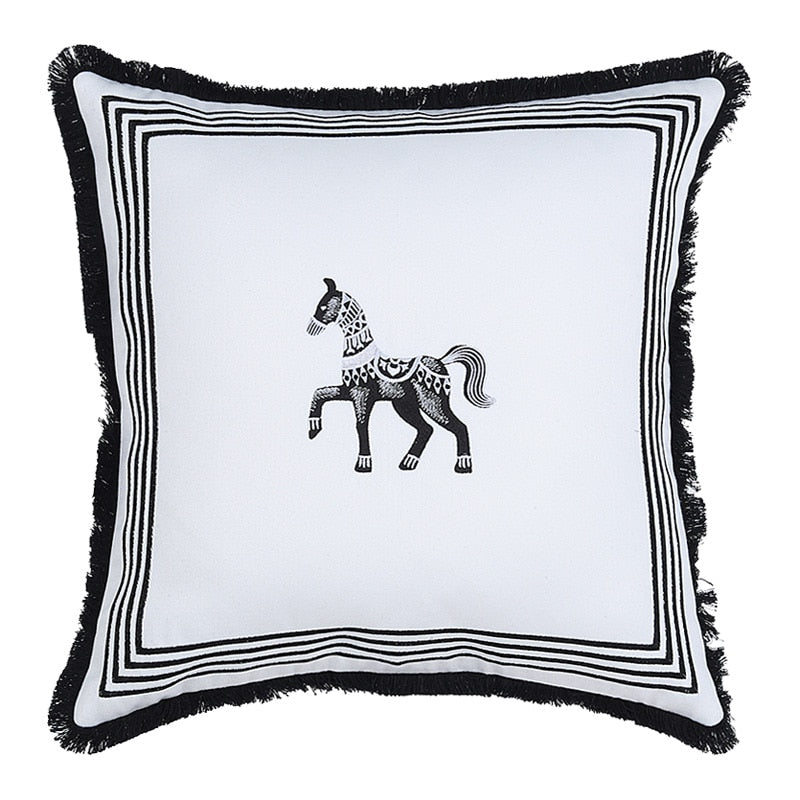 Animals Embroidered Throw Pillow Case, Black and White