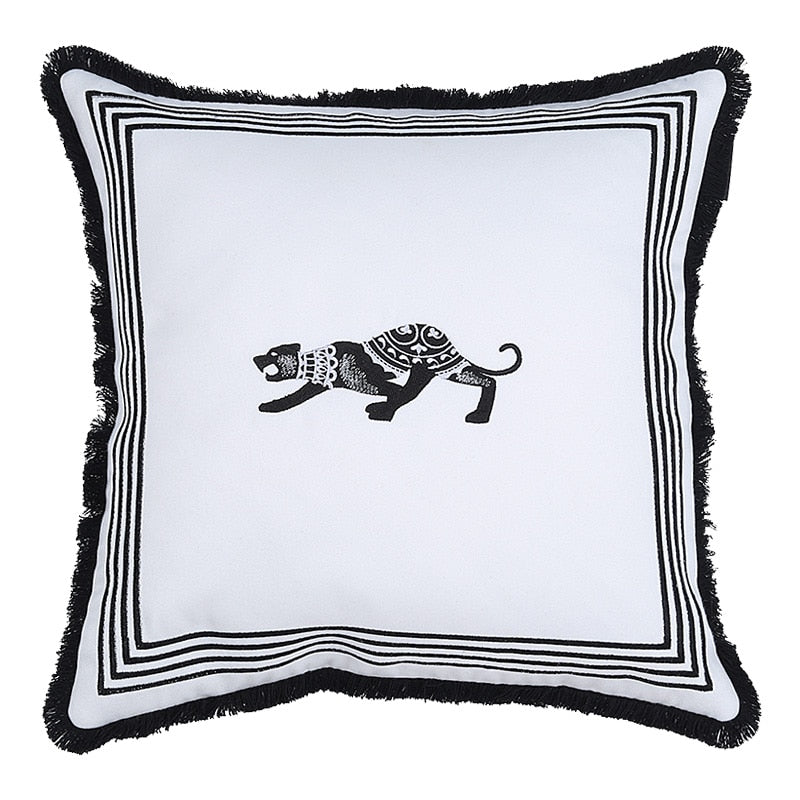 Animals Embroidered Throw Pillow Case, Black and White