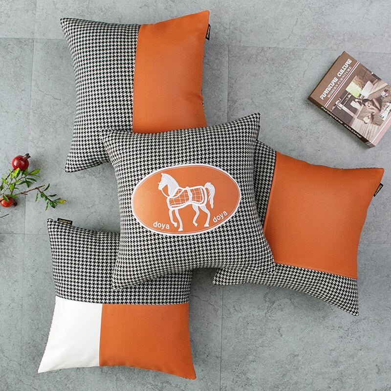 Luxury Orange Leather Patchwork Throw Pillow Case