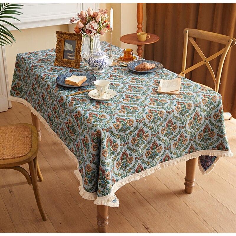 Retro Floral Jacquard Table Cloth, Fringed