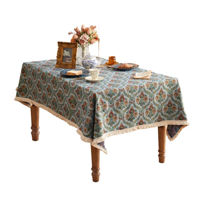 Retro Floral Jacquard Table Cloth, Fringed